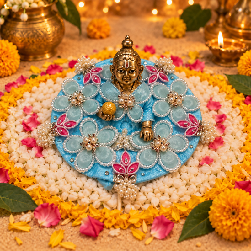 Aasmani Pink Floral Pearl Laddu Gopal Poshak – Size 3 – Front View