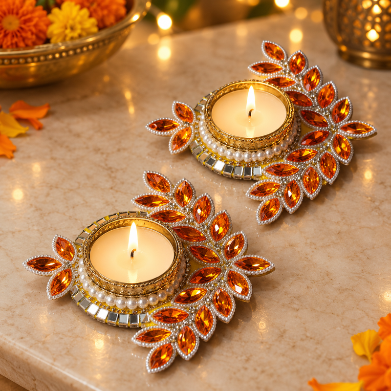 orange gem leaf tea light holder pair, festive angle 1