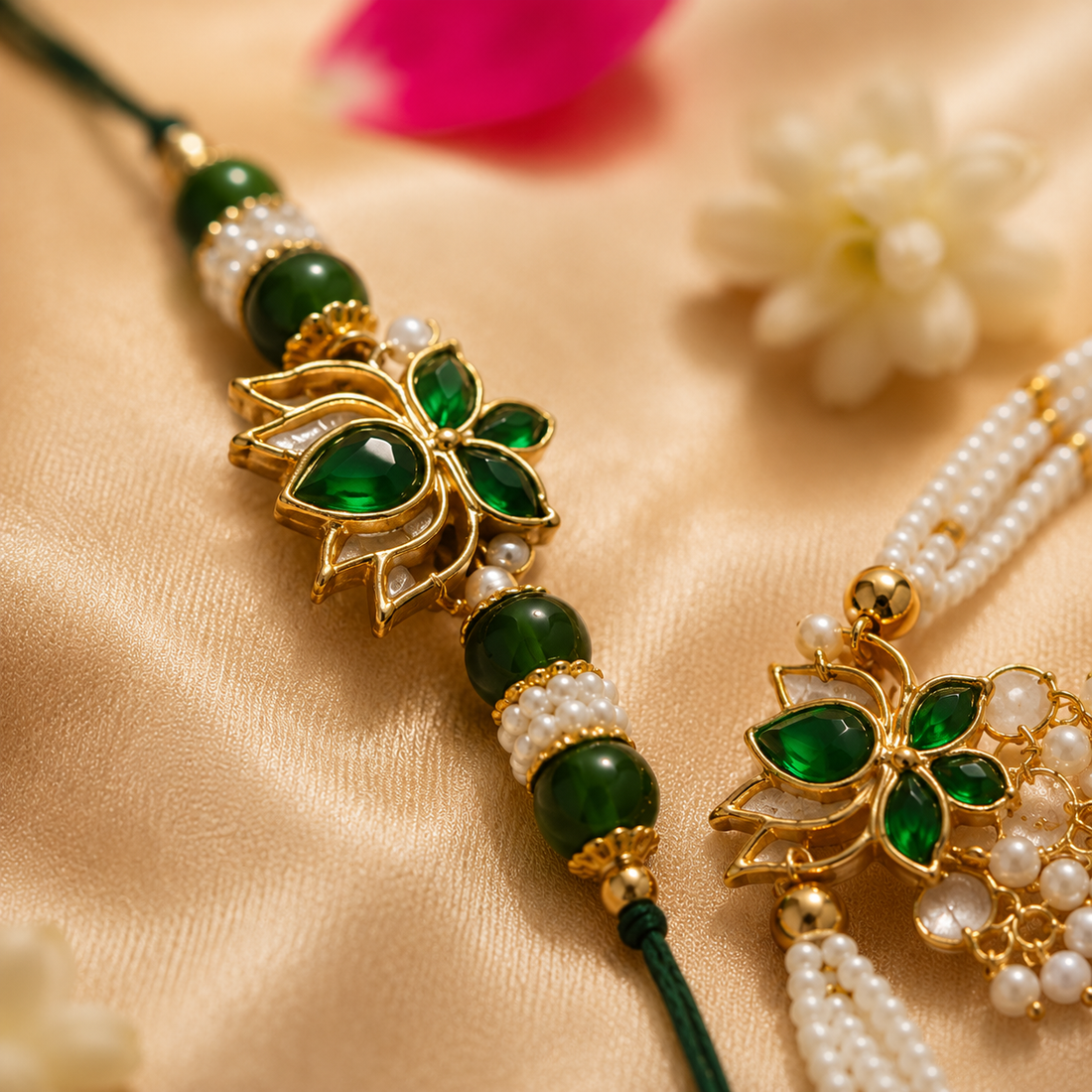 Green lotus bhaiya-bhabhi rakhi and lumba set with pearls by Tyohaare