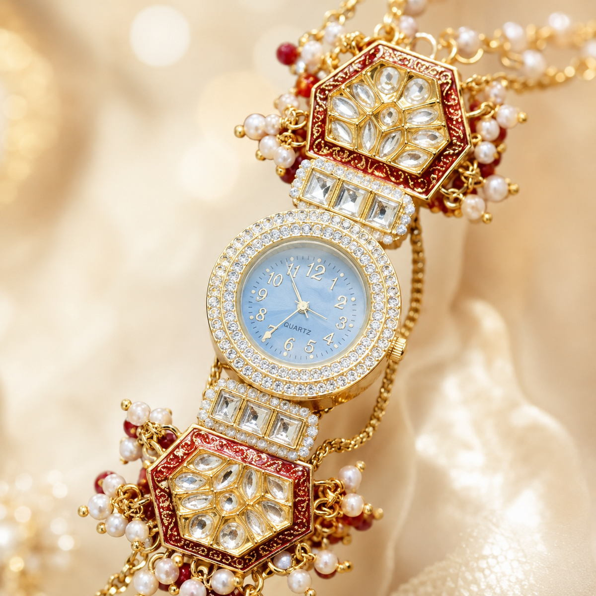 Kundan rakhi-watch with red enamel and pearl drops by Tyohaare