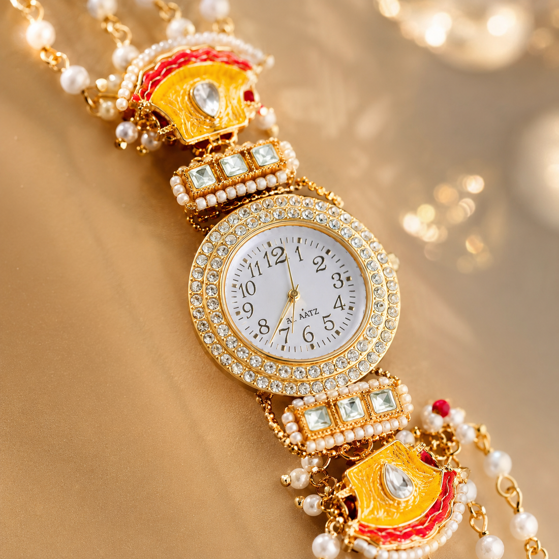 Close-up of a Tyohaare kundan and pearl rakhi-watch