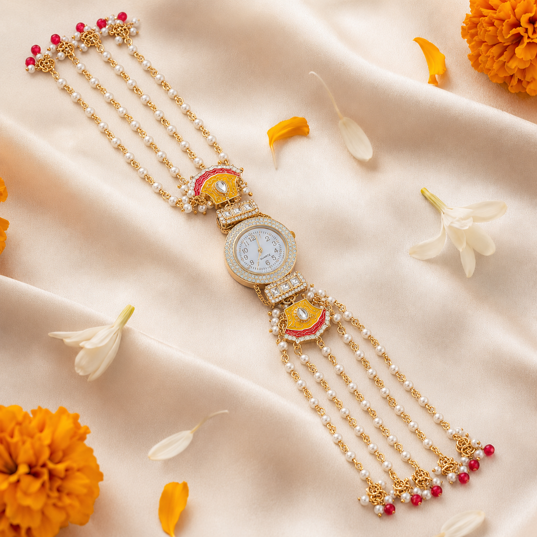 Yellow and red enamel Tyohaare rakhi-watch on pearl chains with marigolds