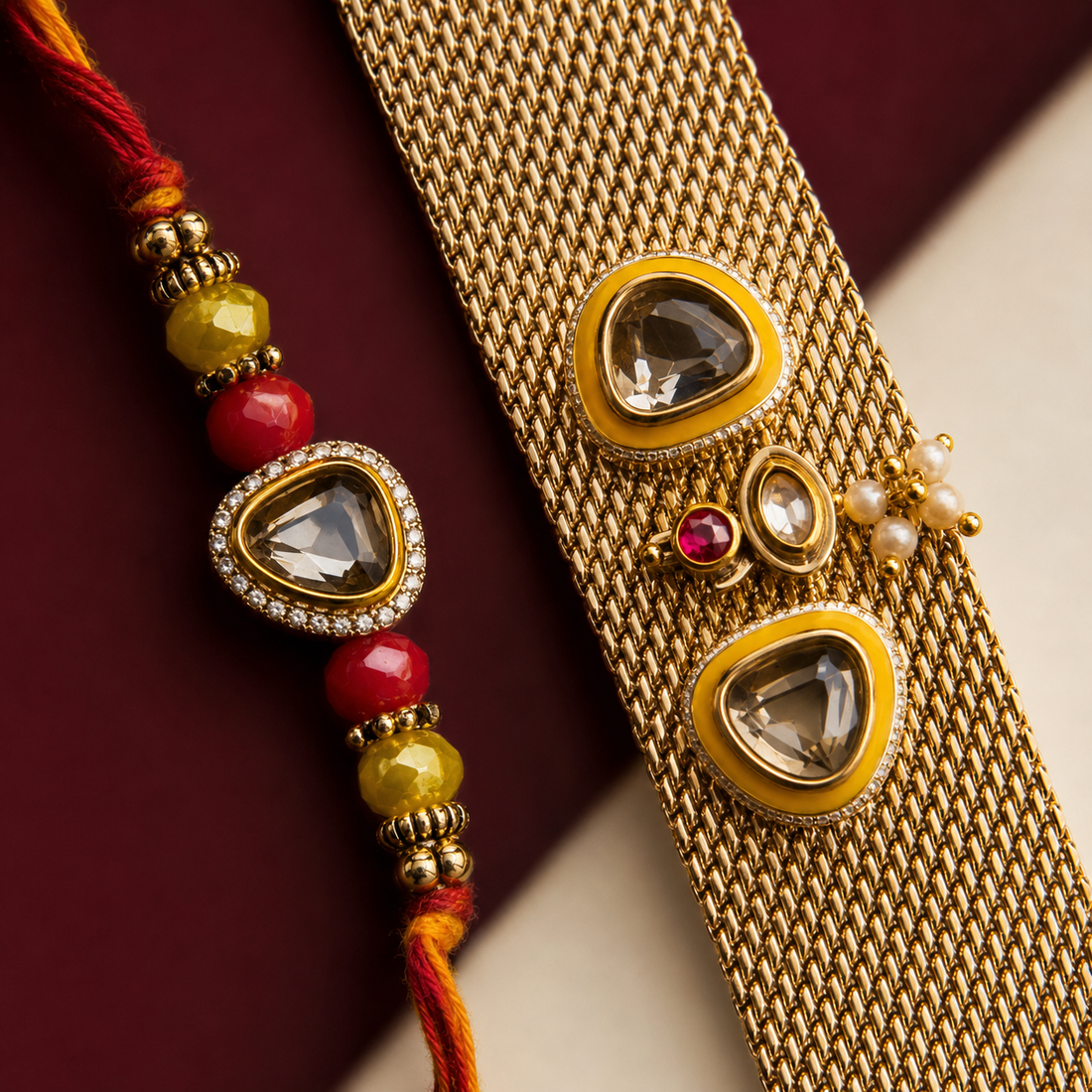 Yellow enamel polki Tyohaare rakhi with a matching gold mesh bracelet