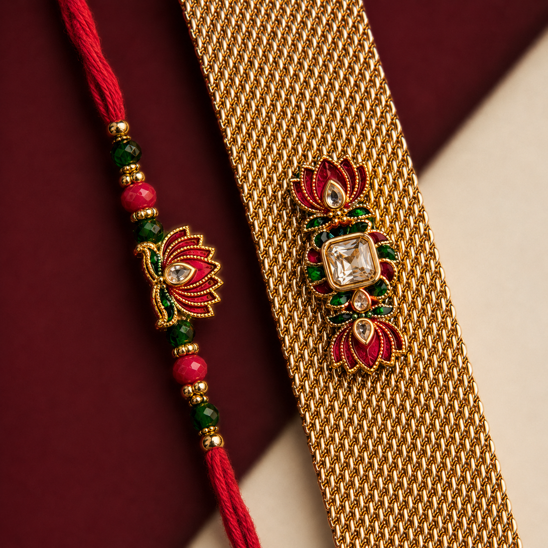 Red and green lotus kundan rakhi with matching gold bracelet from Tyohaare