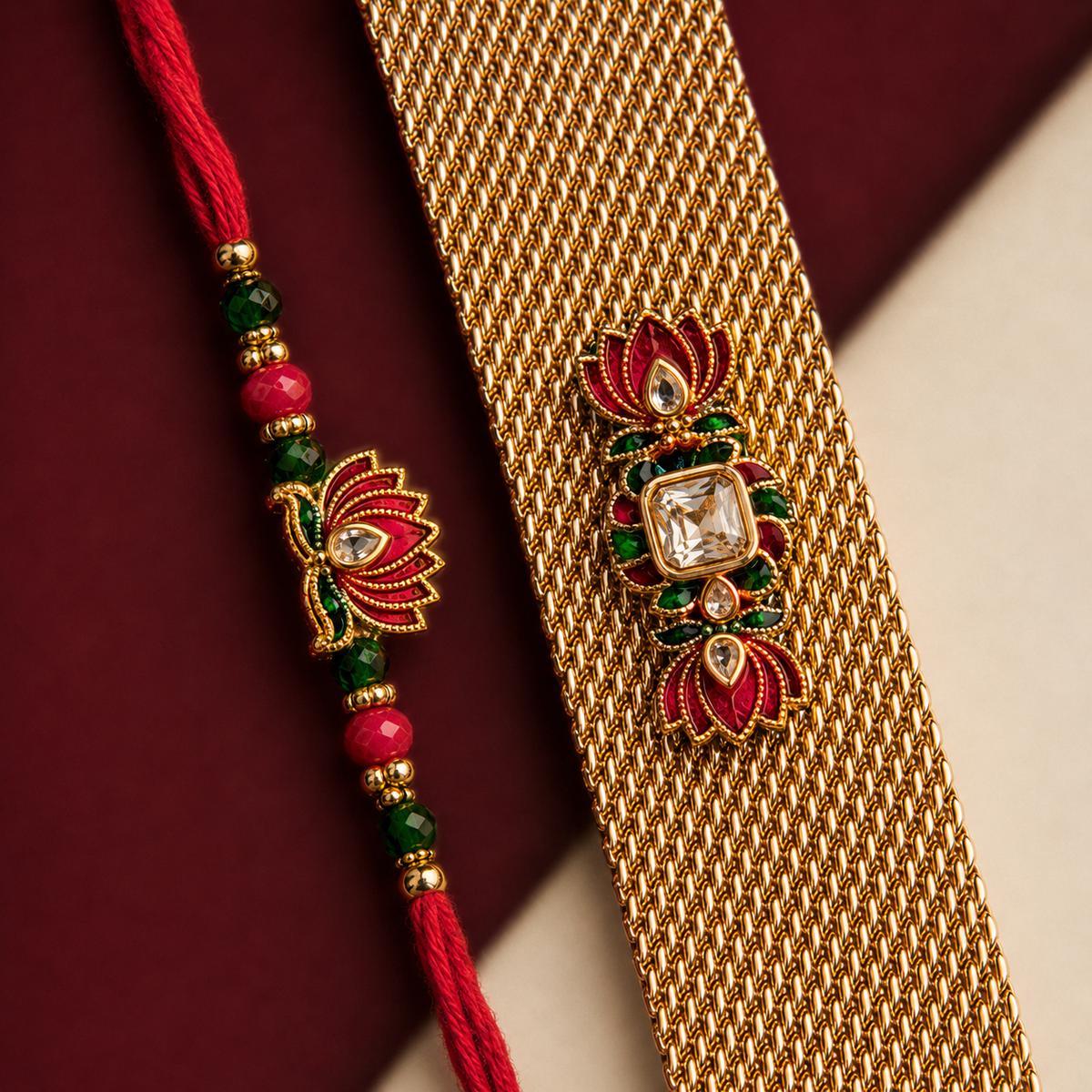 Red and green lotus kundan rakhi with matching gold bracelet from Tyohaare