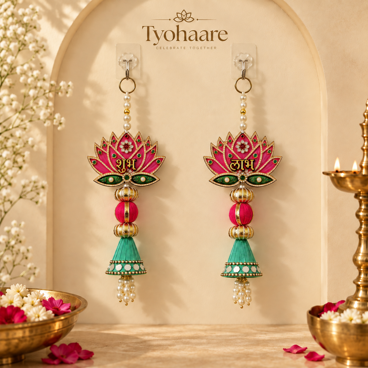 Pink Lotus Shubh Labh Hanging – Pair - full view