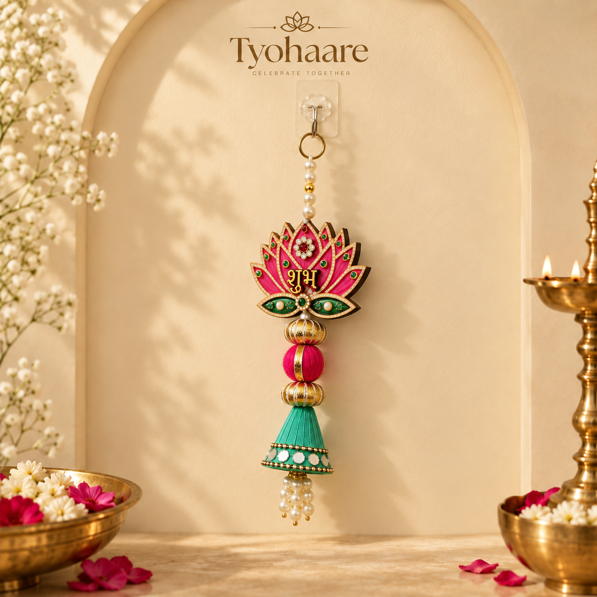 Pink Lotus Shubh Labh Hanging – Pair