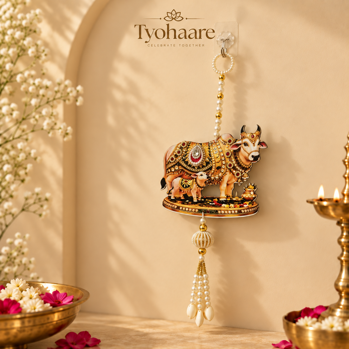 Gau Gauri Cow & Calf Hanging – Pair - full view