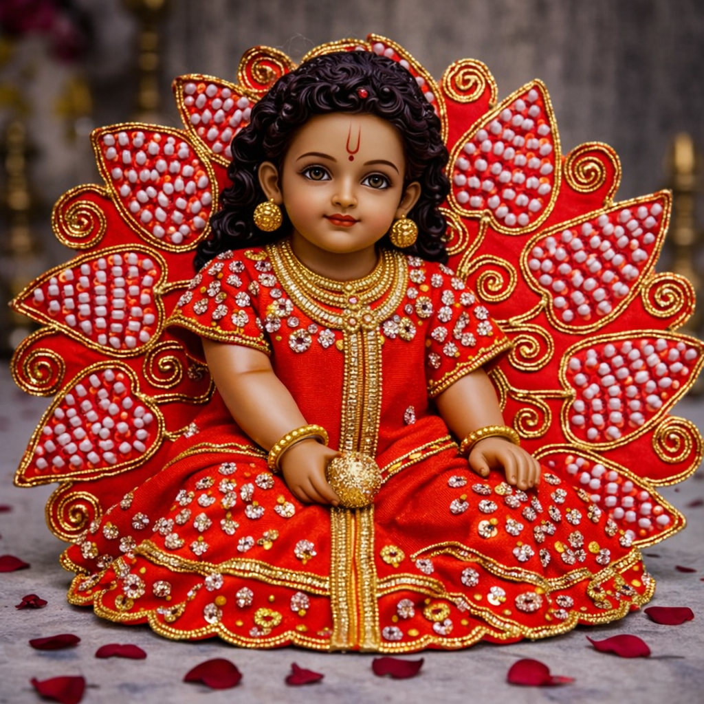 Red Lotus Pearl Crystal Laddu Gopal Poshak – Size 2