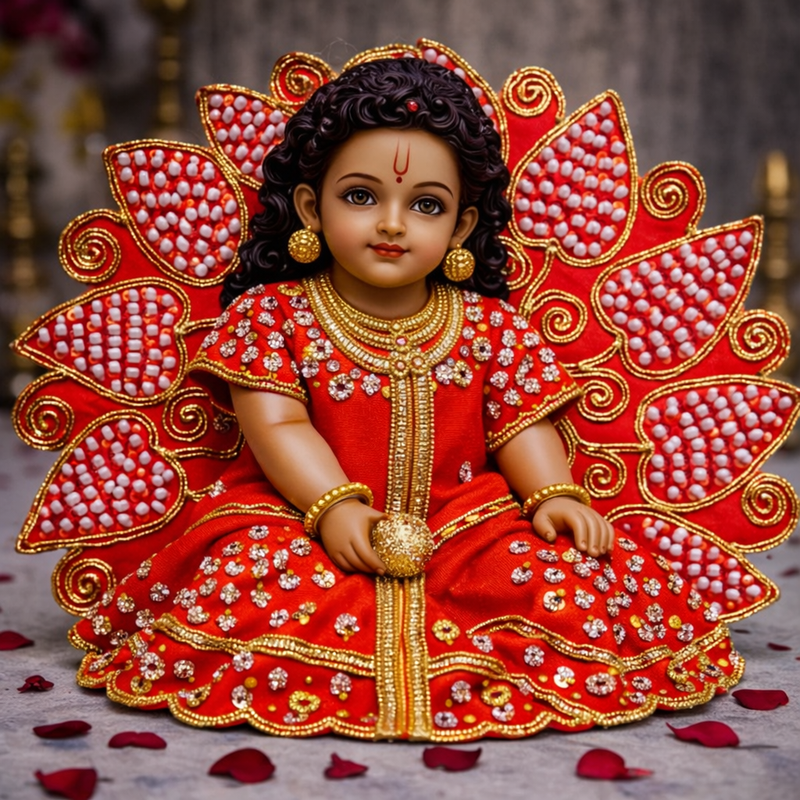Red Lotus Pearl Crystal Laddu Gopal Poshak – Size 2
