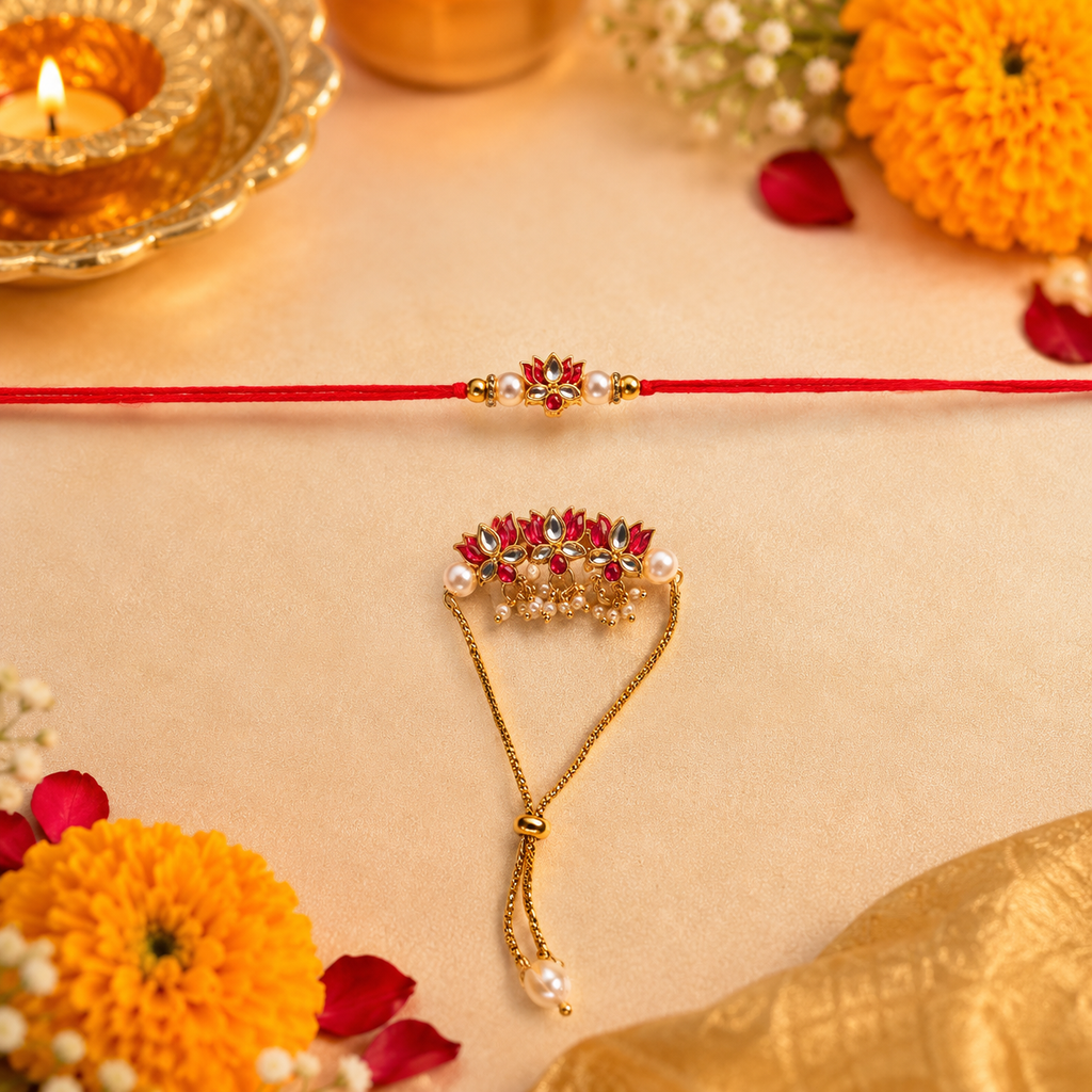 Kundan Stone Rakhi Set with Pearl Cluster Lumba for Brother