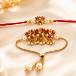 Kundan Stone Rakhi Set with Pearl Cluster Lumba for Brother