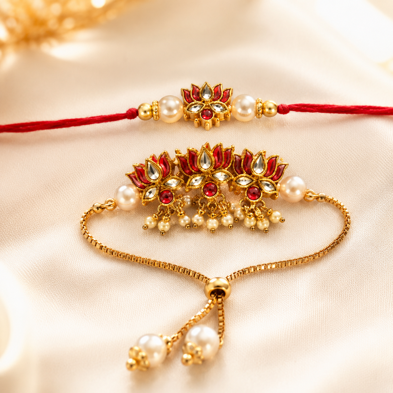 Kundan Stone Rakhi Set with Pearl Cluster Lumba for Brother