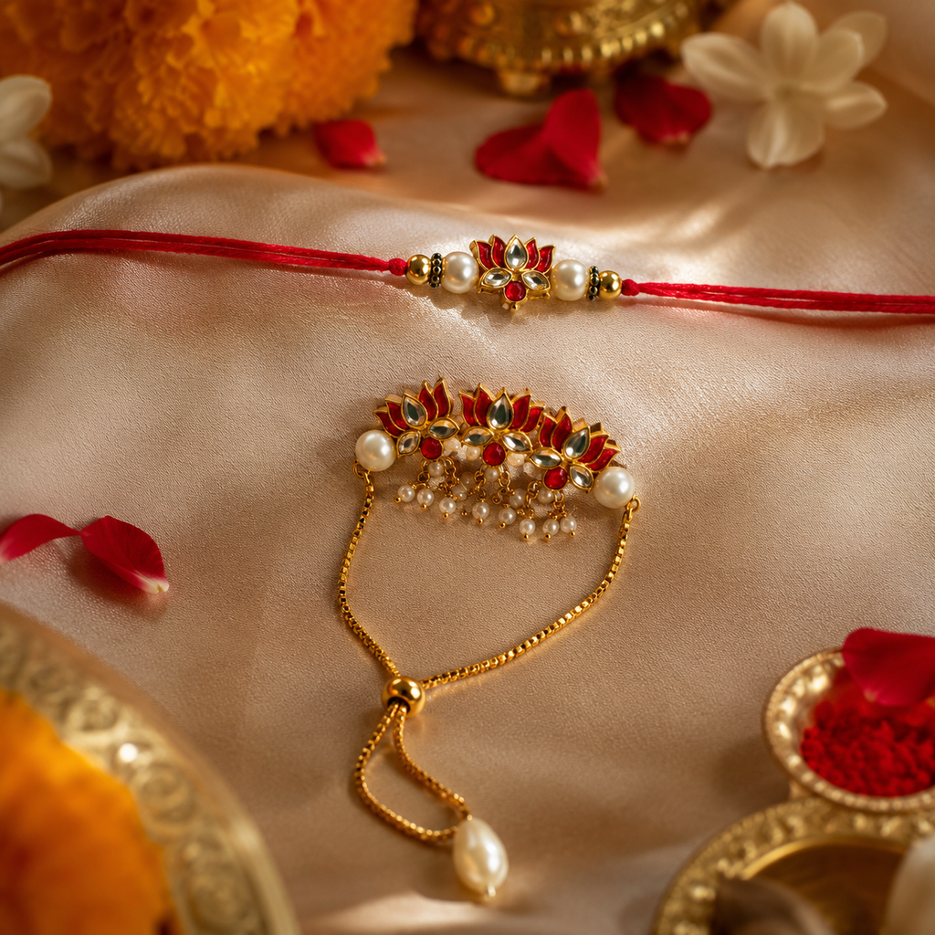 Kundan Stone Rakhi Set with Pearl Cluster Lumba for Brother