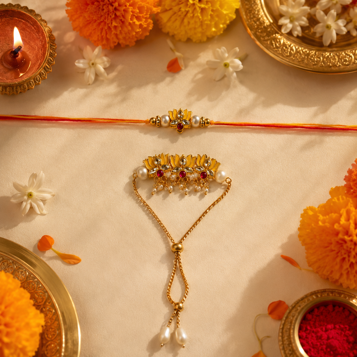 Kundan Stone Rakhi Set with Pearl Cluster Lumba for Brother