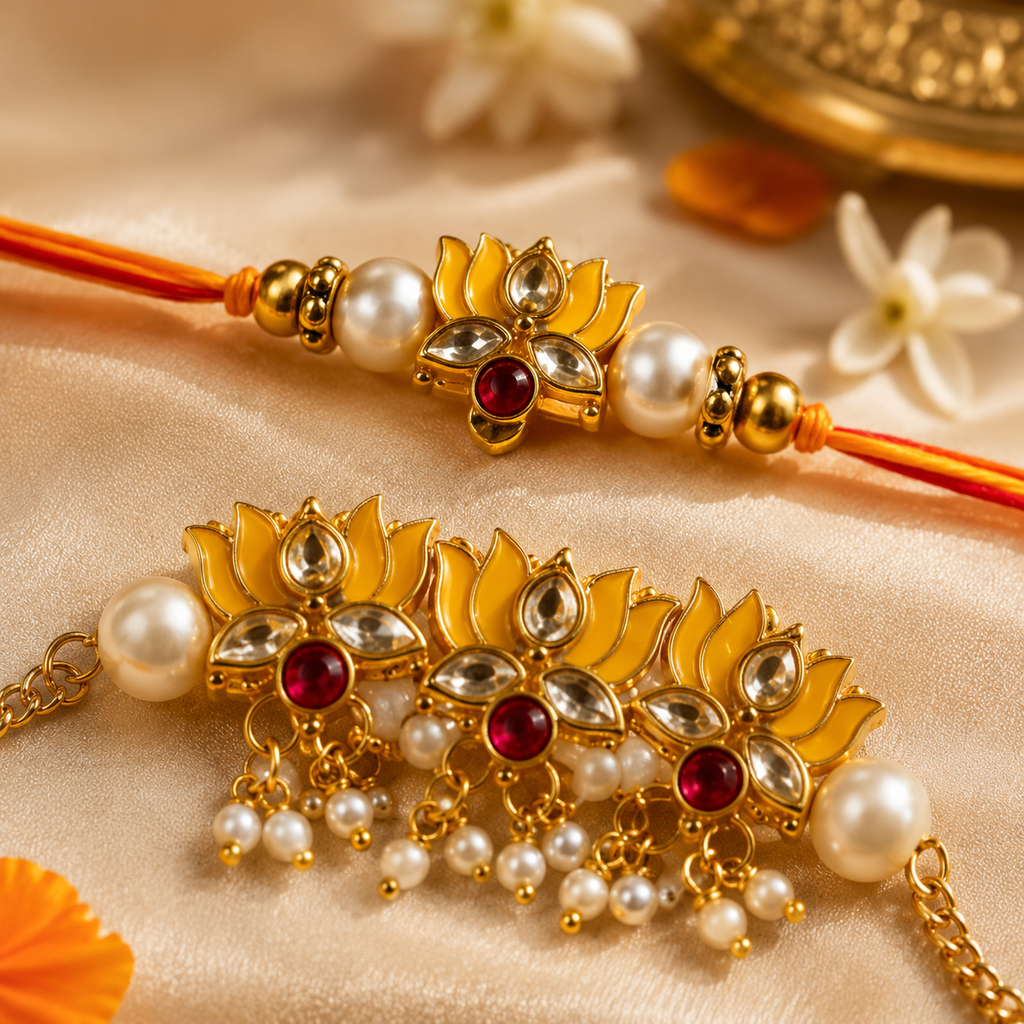 Kundan Stone Rakhi Set with Pearl Cluster Lumba for Brother