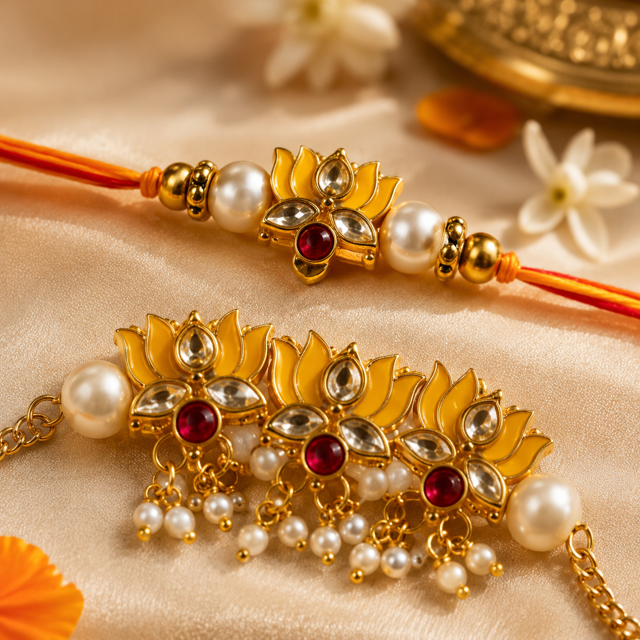 Kundan Stone Rakhi Set with Pearl Cluster Lumba for Brother
