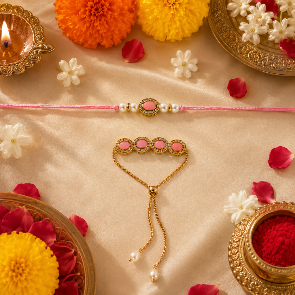 Oval Kundan Rakhi Set with Adjustable Bracelet Lumba for Brother