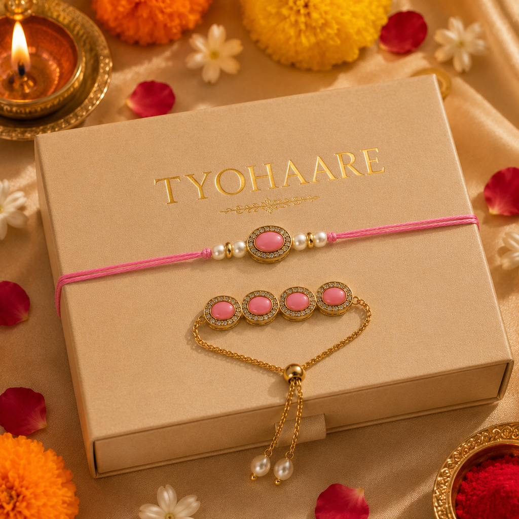 Oval Kundan Rakhi Set with Adjustable Bracelet Lumba for Brother