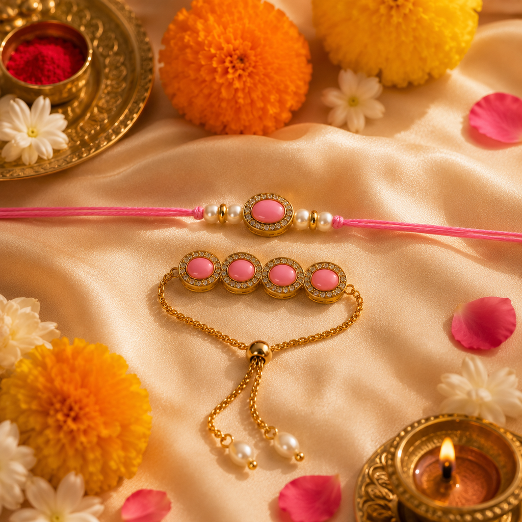 Oval Kundan Rakhi Set with Adjustable Bracelet Lumba for Brother