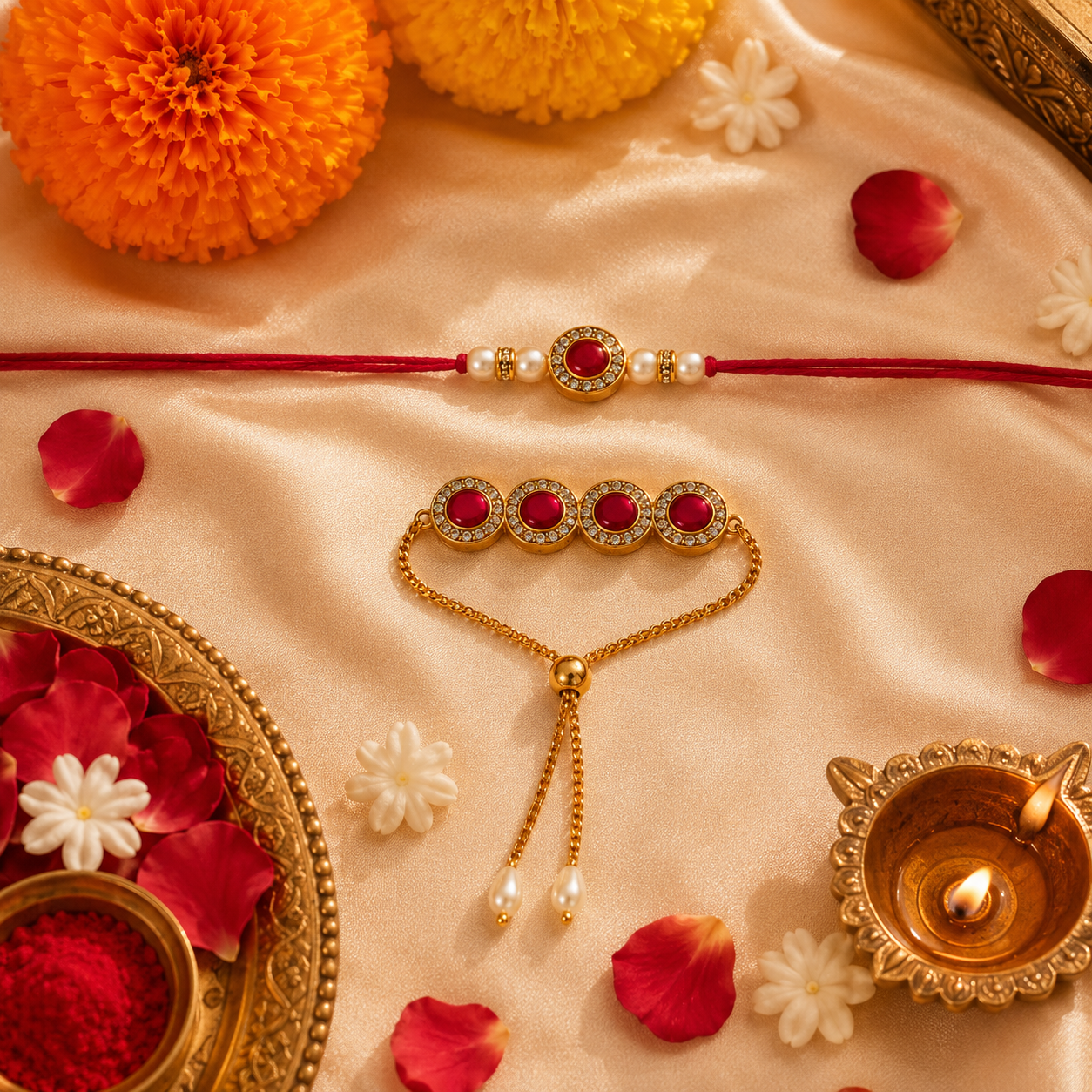Oval Kundan Rakhi Set with Adjustable Bracelet Lumba for Brother