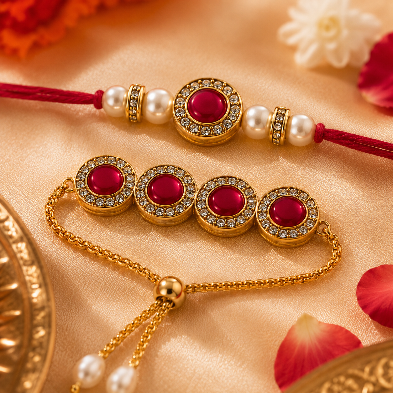 Oval Kundan Rakhi Set with Adjustable Bracelet Lumba for Brother