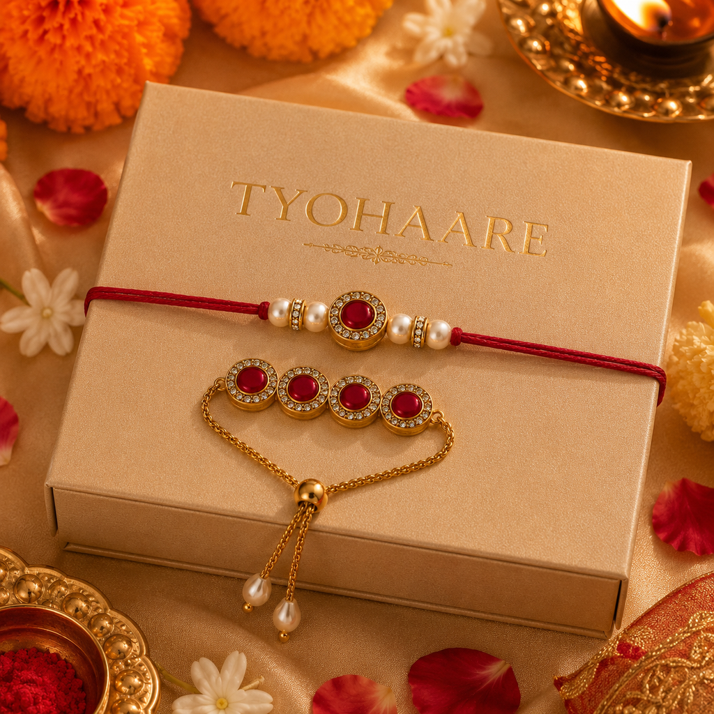 Oval Kundan Rakhi Set with Adjustable Bracelet Lumba for Brother