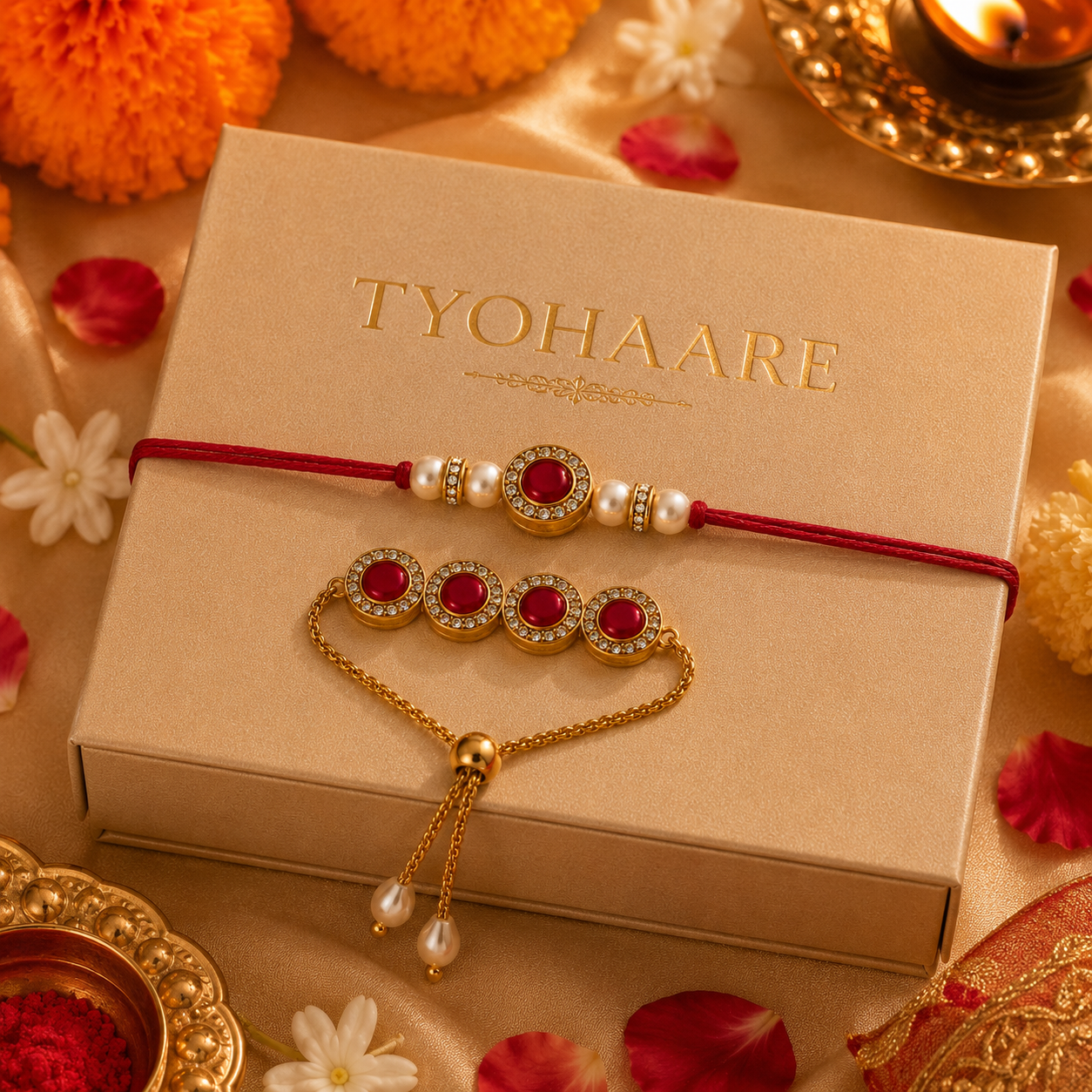 Oval Kundan Rakhi Set with Adjustable Bracelet Lumba for Brother