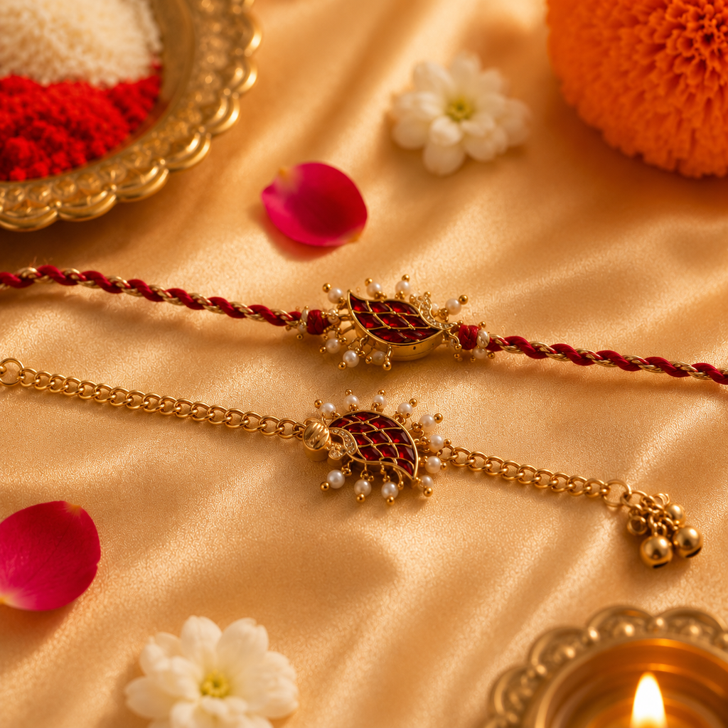 Maroon Meenakari Paisley Rakhi Set with Pearl Jhumki for Brother