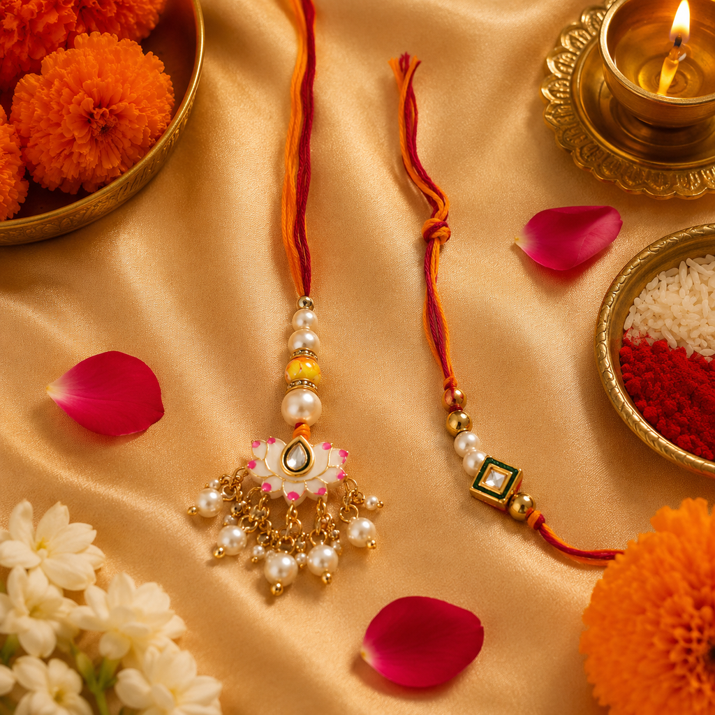 Floral Kundan Rakhi with Pearl Tassel Fan for Brother