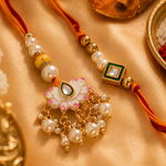 Floral Kundan Rakhi with Pearl Tassel Fan for Brother