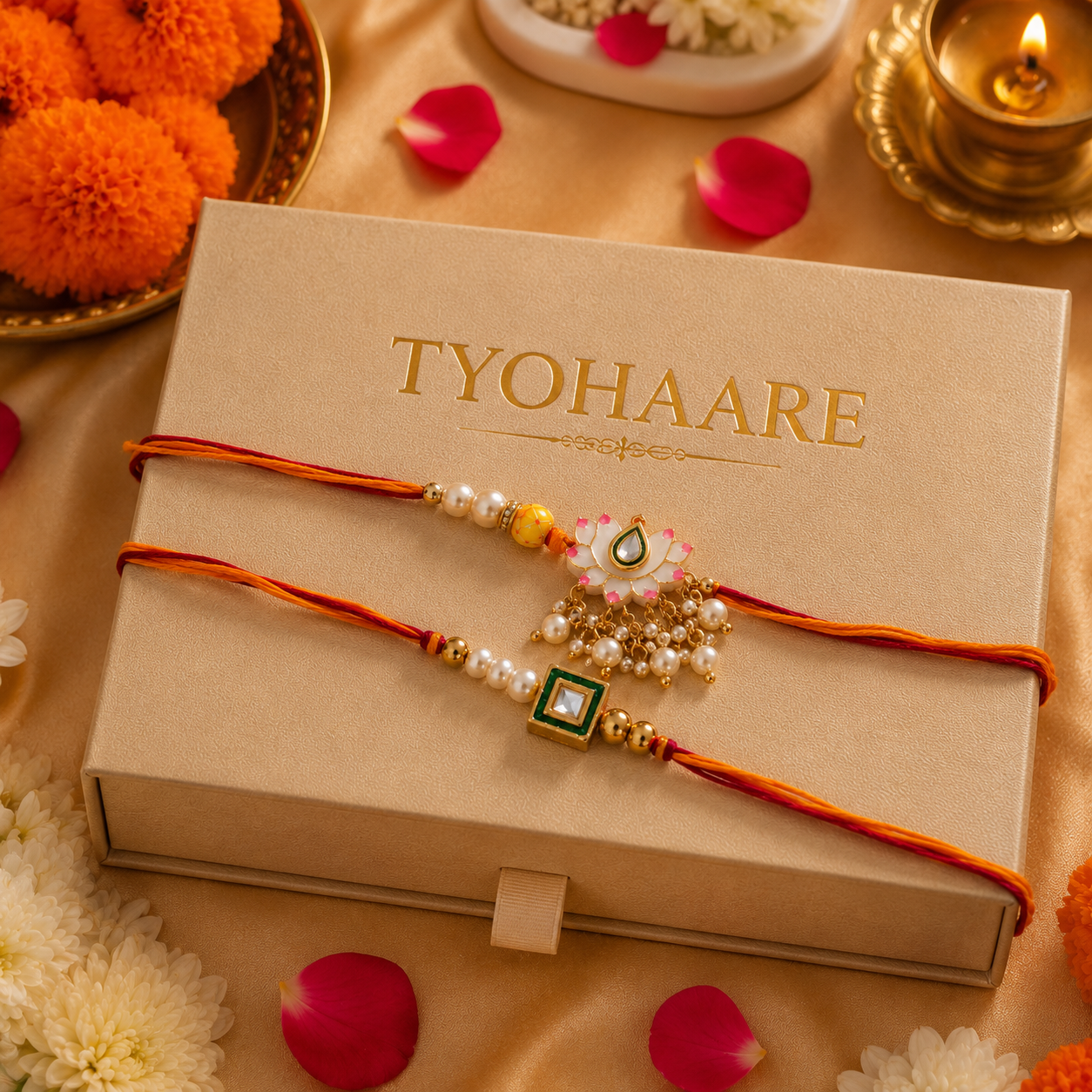 Floral Kundan Rakhi with Pearl Tassel Fan for Brother