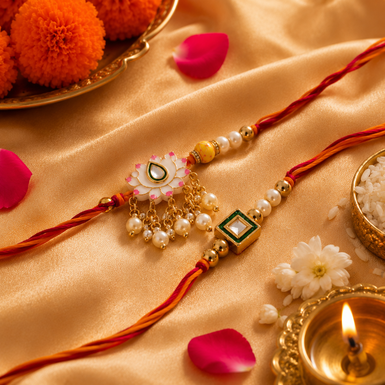 Floral Kundan Rakhi with Pearl Tassel Fan for Brother