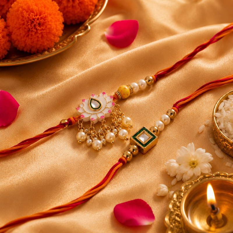 Floral Kundan Rakhi with Pearl Tassel Fan for Brother