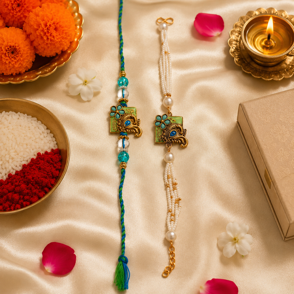 Teal Meenakari Peacock Rakhi Set with Pearl Tassel for Brother