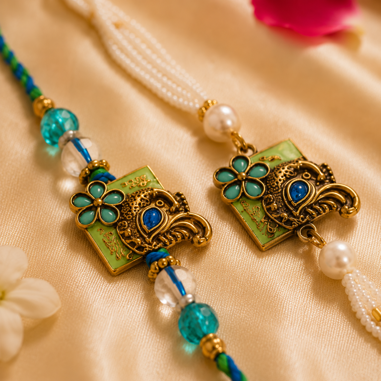 Teal Meenakari Peacock Rakhi Set with Pearl Tassel for Brother