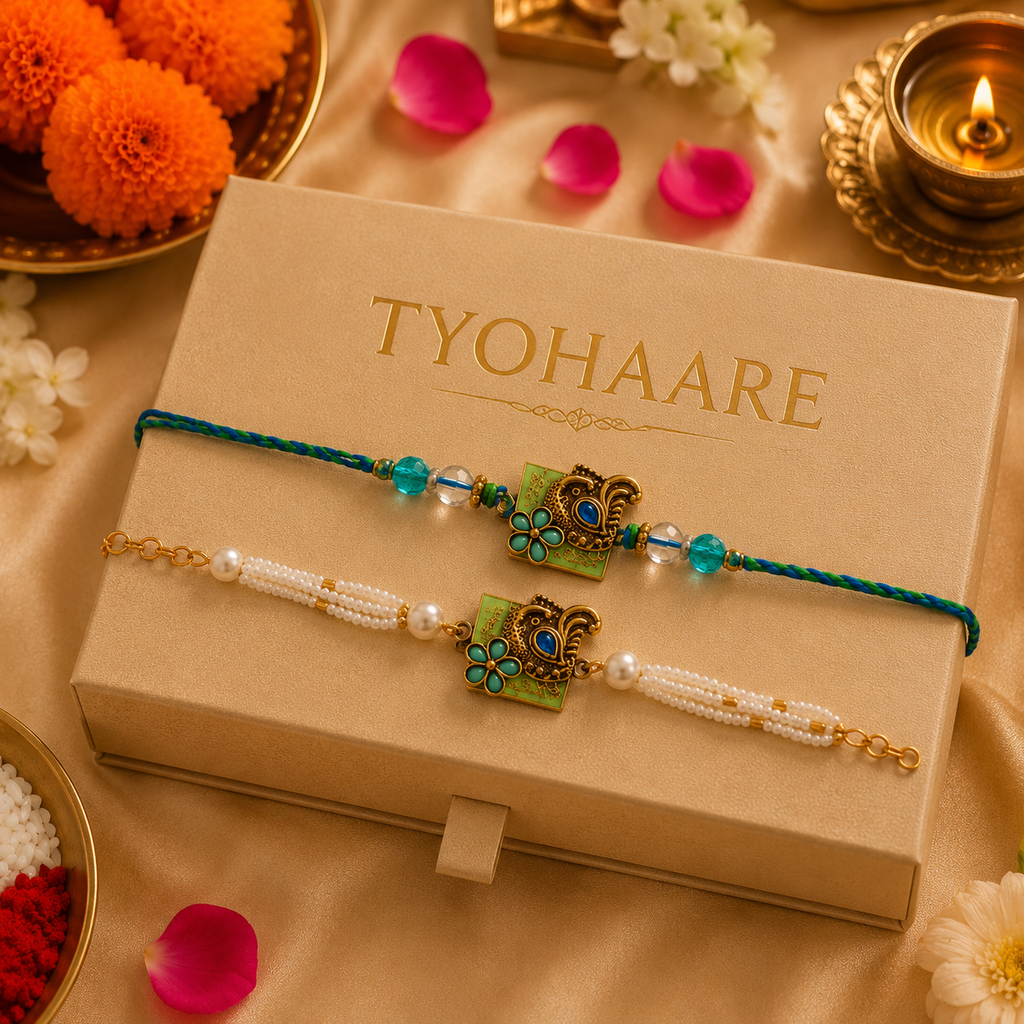 Teal Meenakari Peacock Rakhi Set with Pearl Tassel for Brother