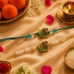 Teal Meenakari Peacock Rakhi Set with Pearl Tassel for Brother