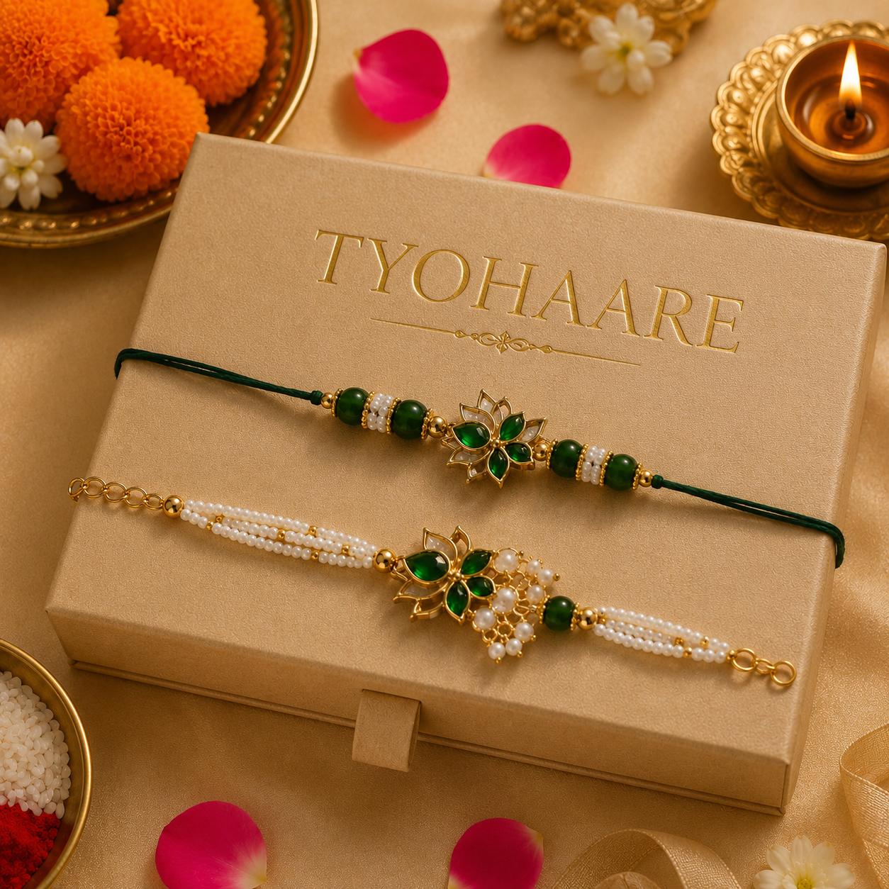 Emerald Kundan Floral Rakhi Set with Pearl Chain for Brother