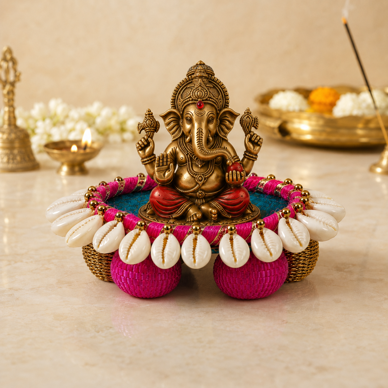 Neel Gulabi Cowrie Shell Mini Singhasan