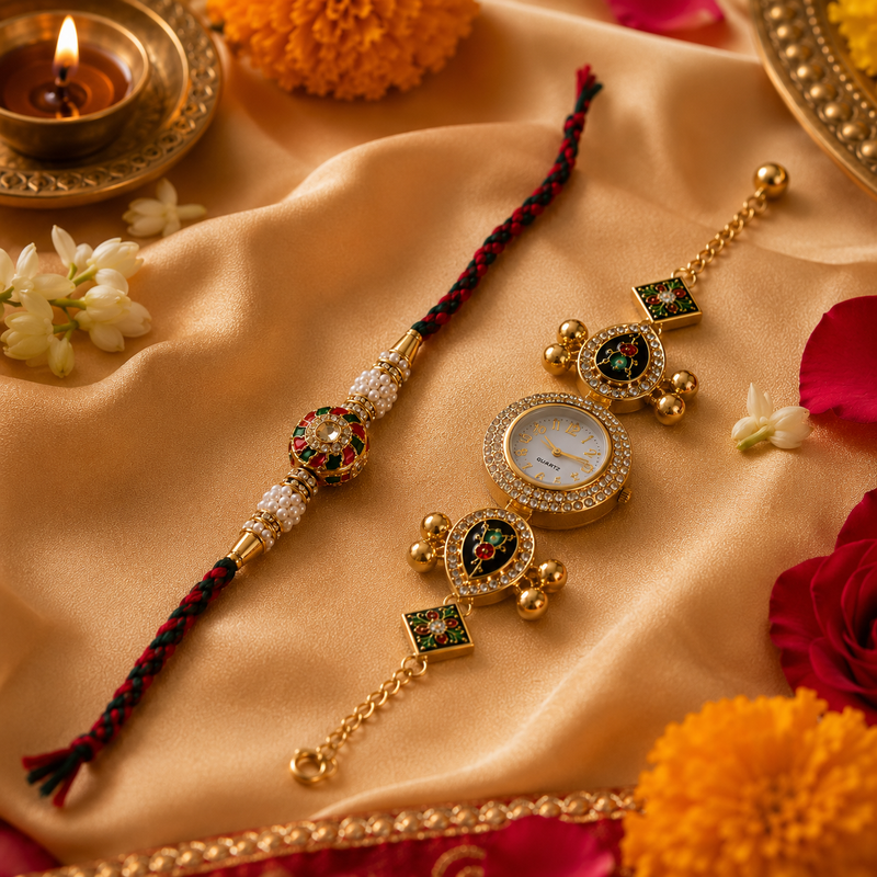 Navratna Kundan & Pearl Watch Rakhi for Sister