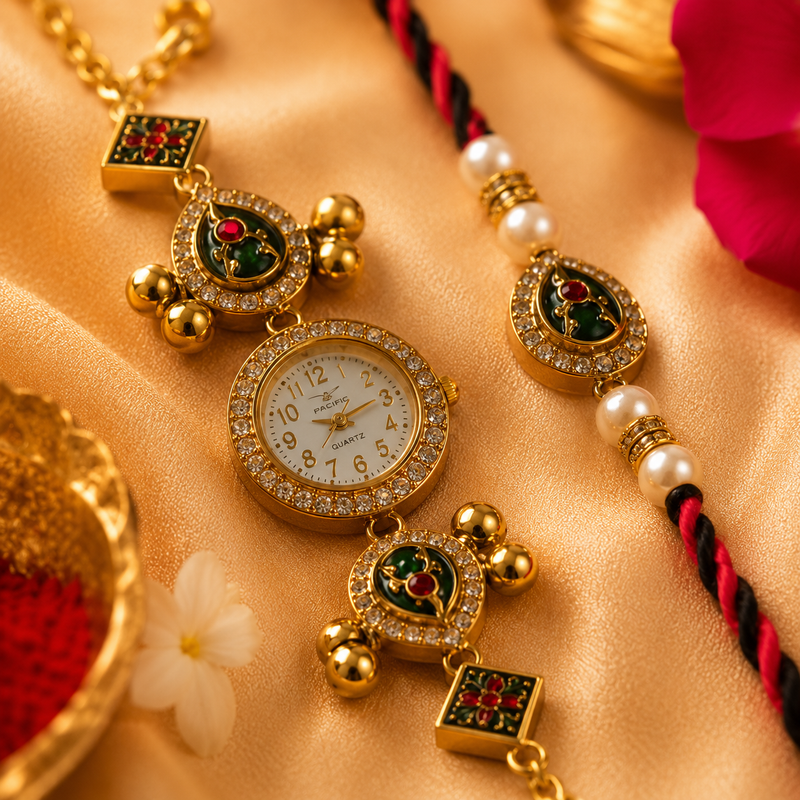 Vintage Green Meenakari Dial Watch Rakhi for Sister