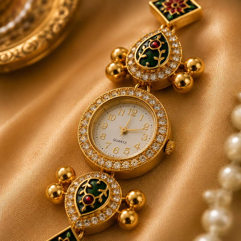 Antique Gold Meenakari Watch Rakhi for Sister