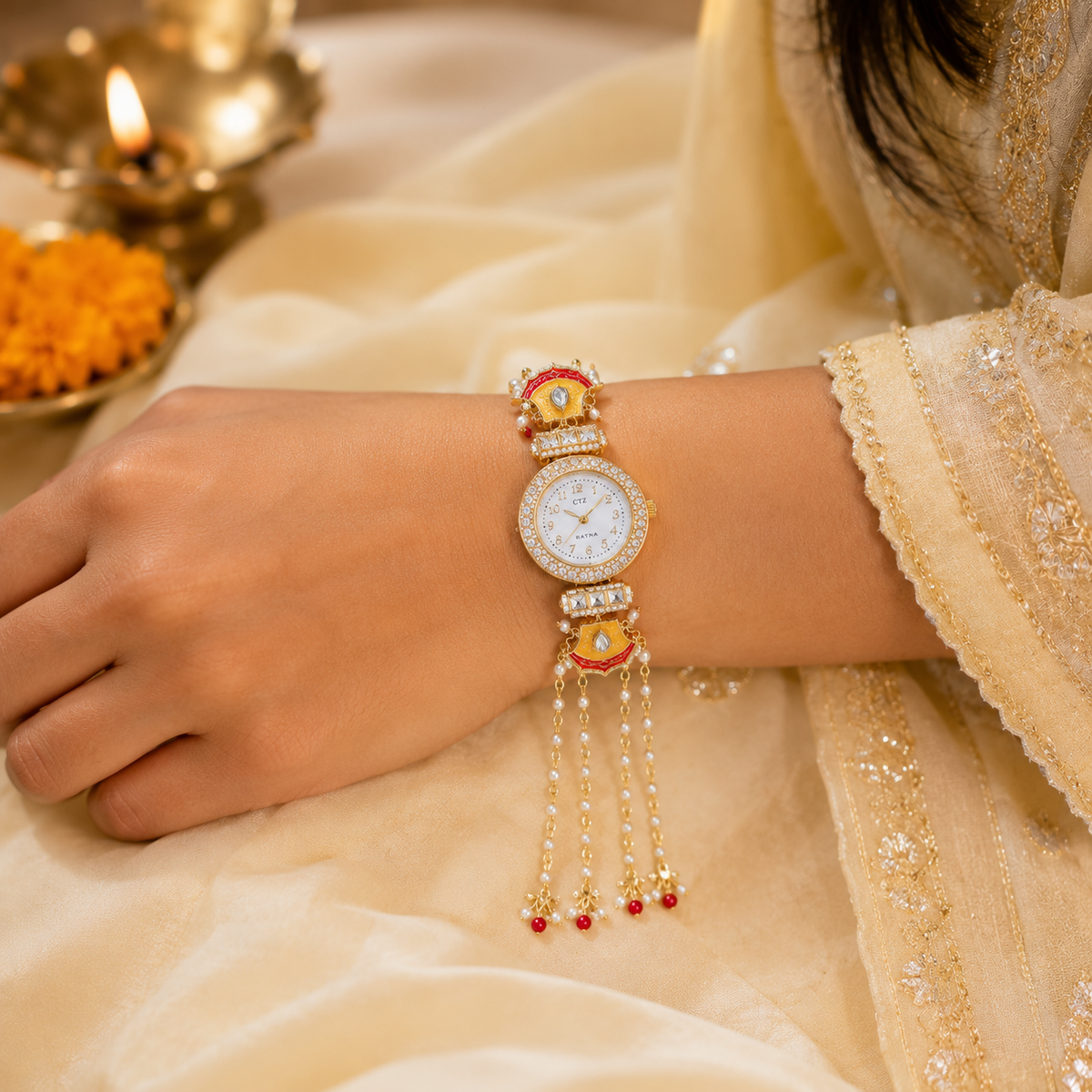 Marigold Bloom Pearl-Chain Watch Rakhi for Sister – view 2