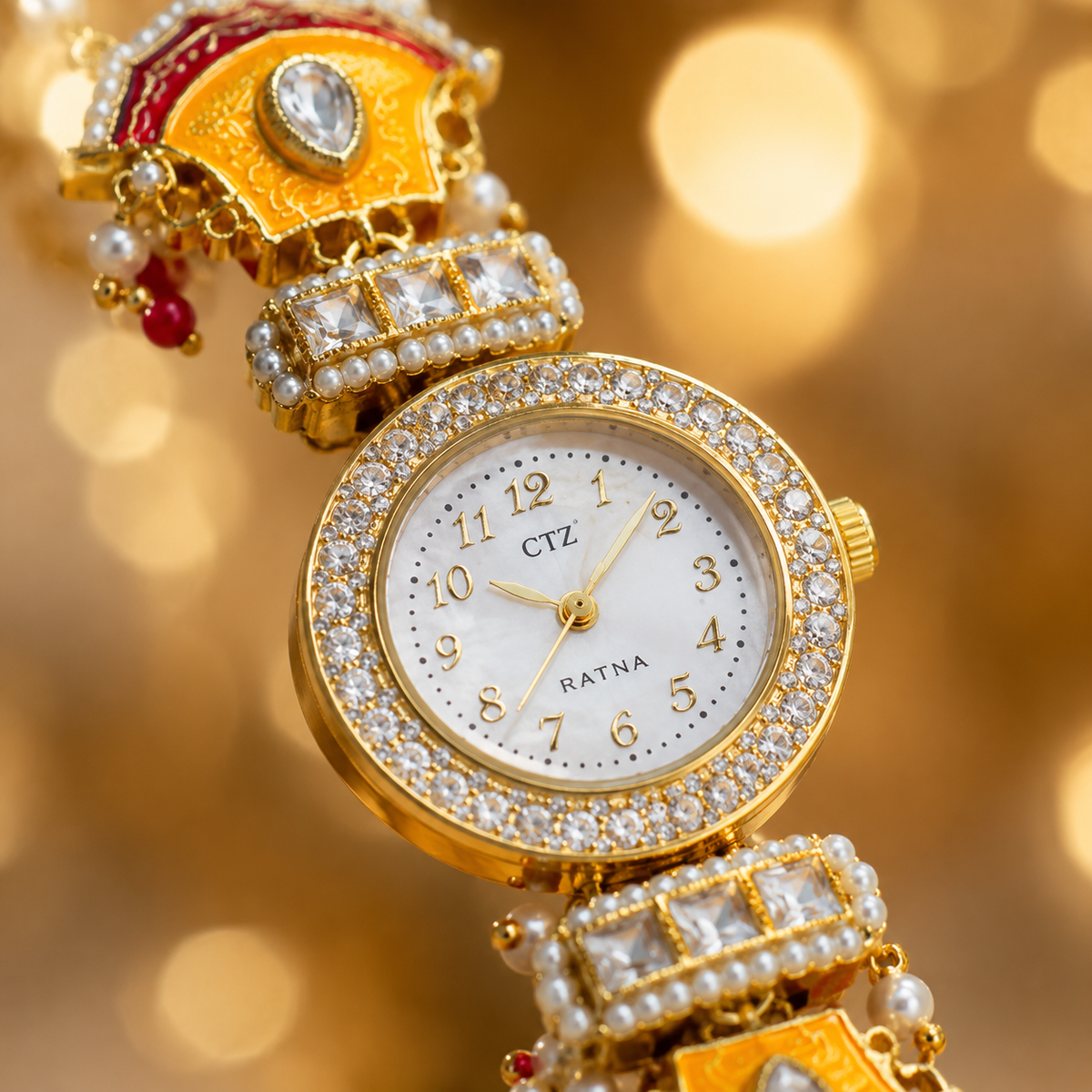 Marigold Bloom Pearl-Chain Watch Rakhi for Sister