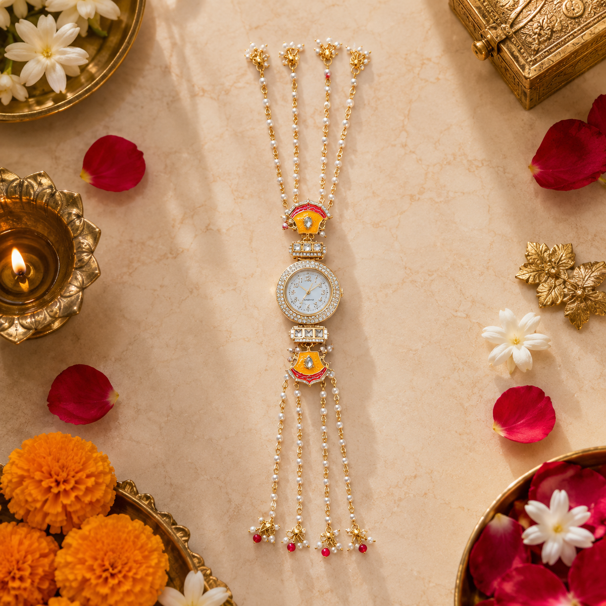 Marigold Bloom Pearl-Chain Watch Rakhi for Sister – view 4