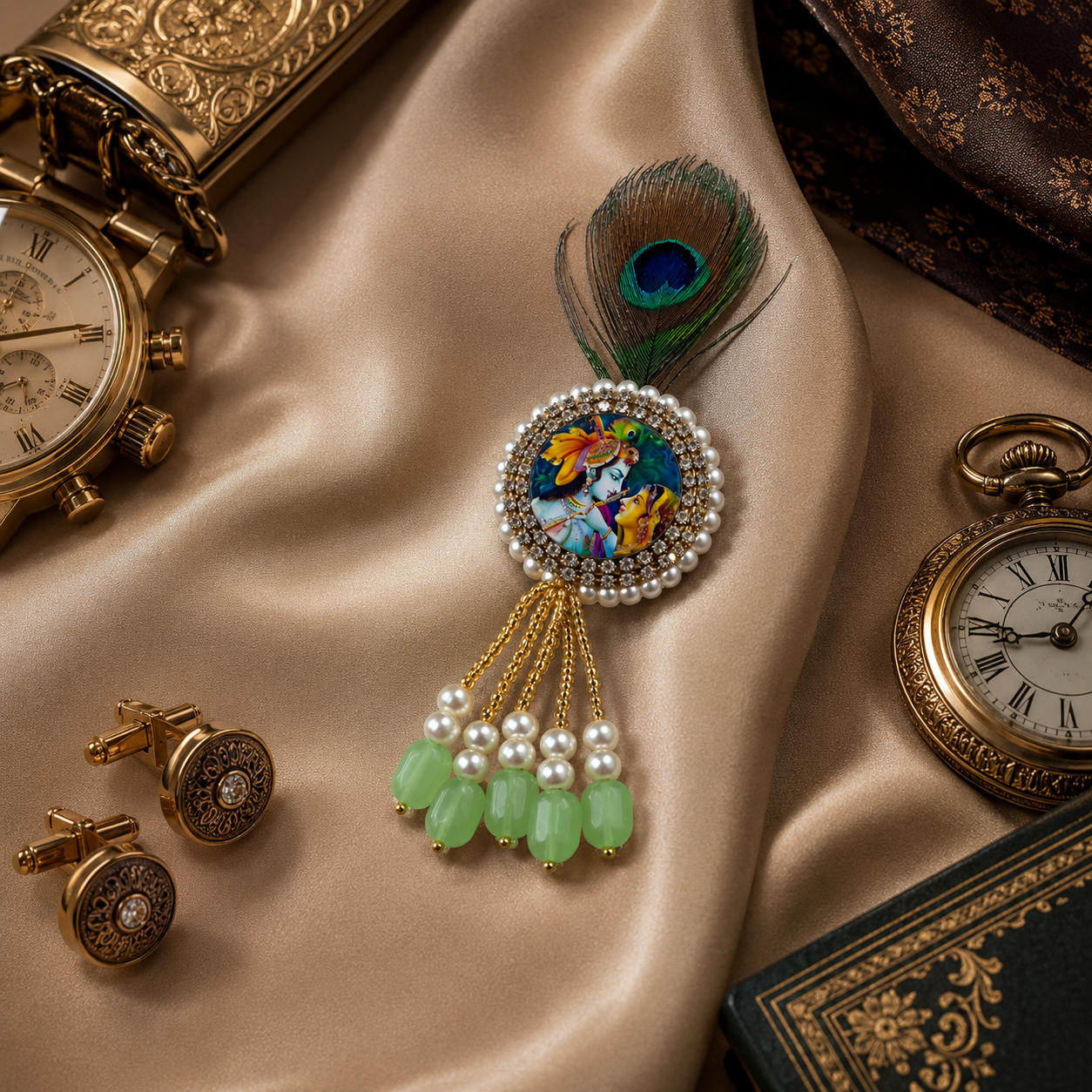 Radha Krishna Cameo Green Bead Pearl Tassel Peacock Feather Brooch