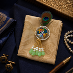 Radha Krishna Cameo Green Bead Pearl Tassel Peacock Feather Brooch
