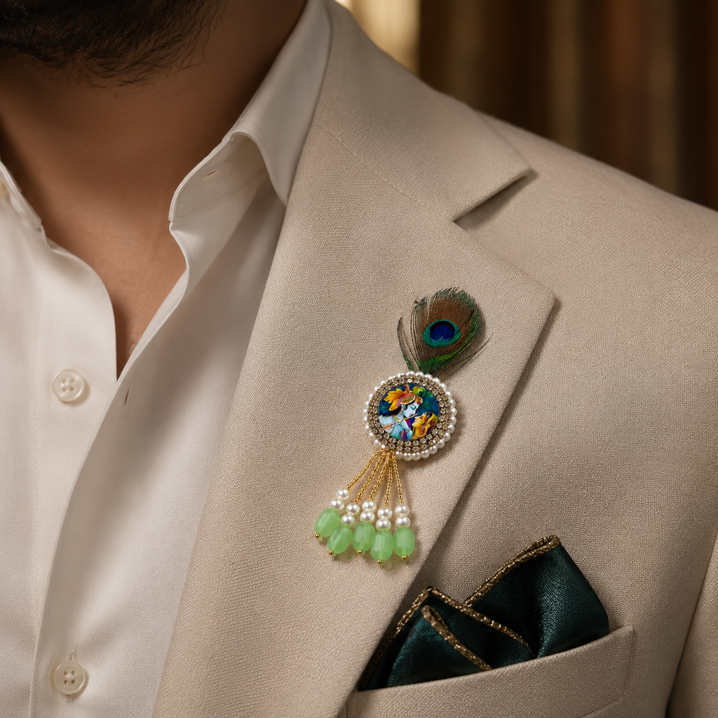 Radha Krishna Cameo Green Bead Pearl Tassel Peacock Feather Brooch