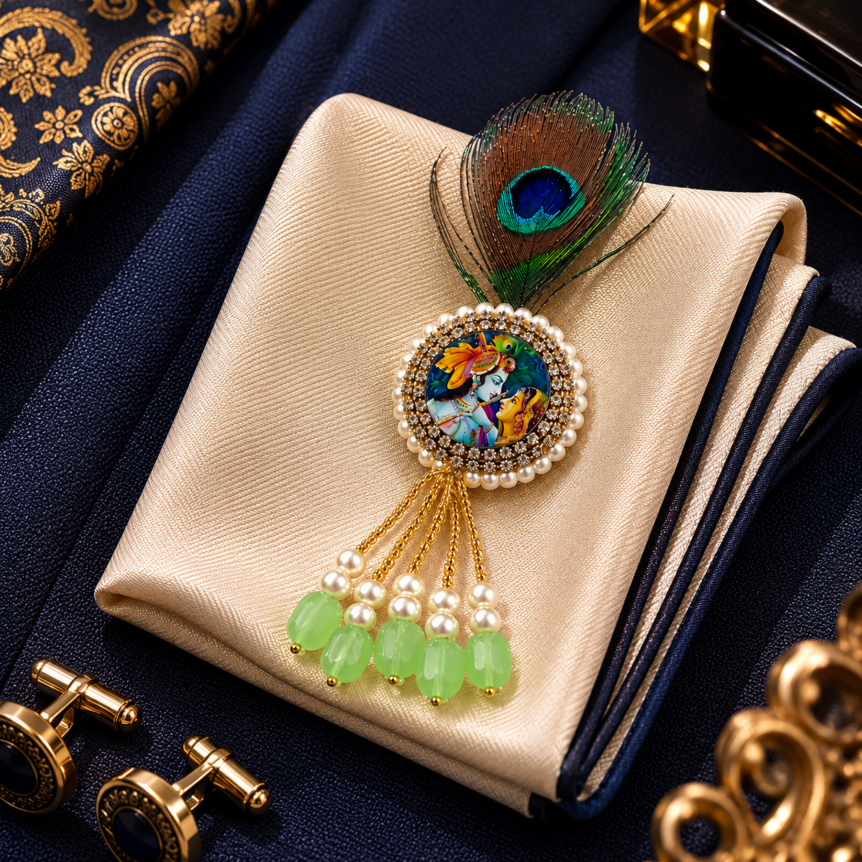 Radha Krishna Cameo Green Bead Pearl Tassel Peacock Feather Brooch